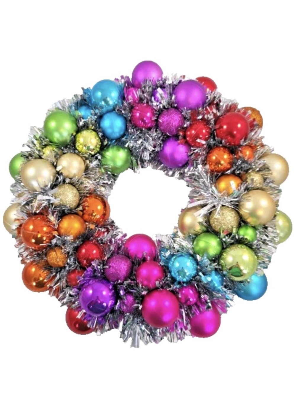 Rainbow Multicolor Ornament Silver Tinsel Christmas Wreath 15" Holiday Decor